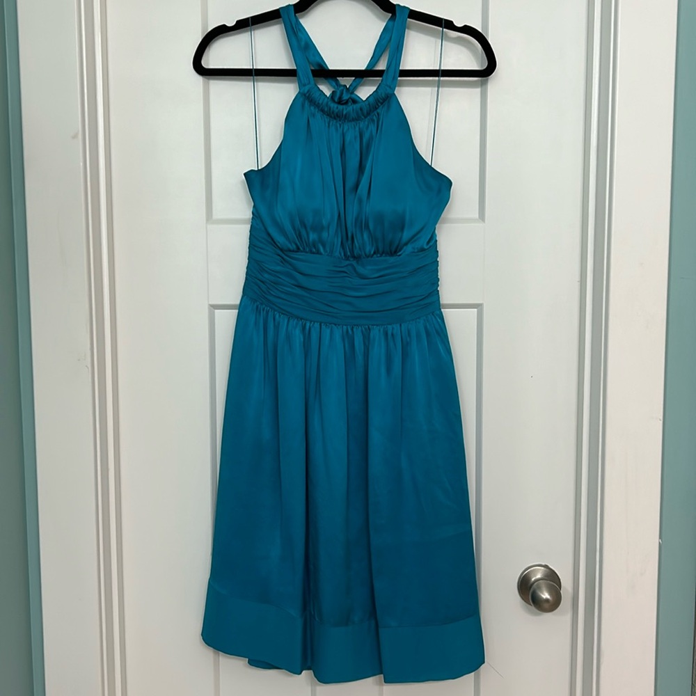 Teal silk Cache halter dress- Very 2000’s!